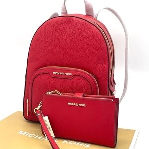 Michael Kors Jaycee Medium Backpack & Double Zip Wallet Wristlet Red/Gold
